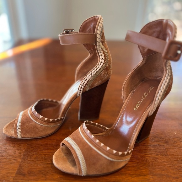 Sergio Rossi Suede Ankle Strap Heels Block Heel Sandals Brown Size 6 - Picture 1 of 11